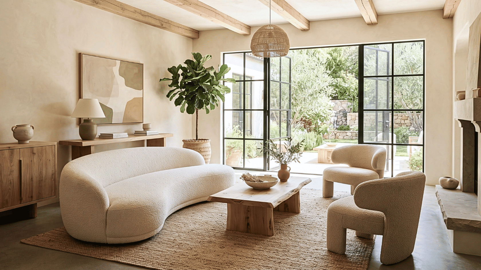 Organic modern room displaying modern interior styles with natural materials, curved furniture, and earthy calming decor