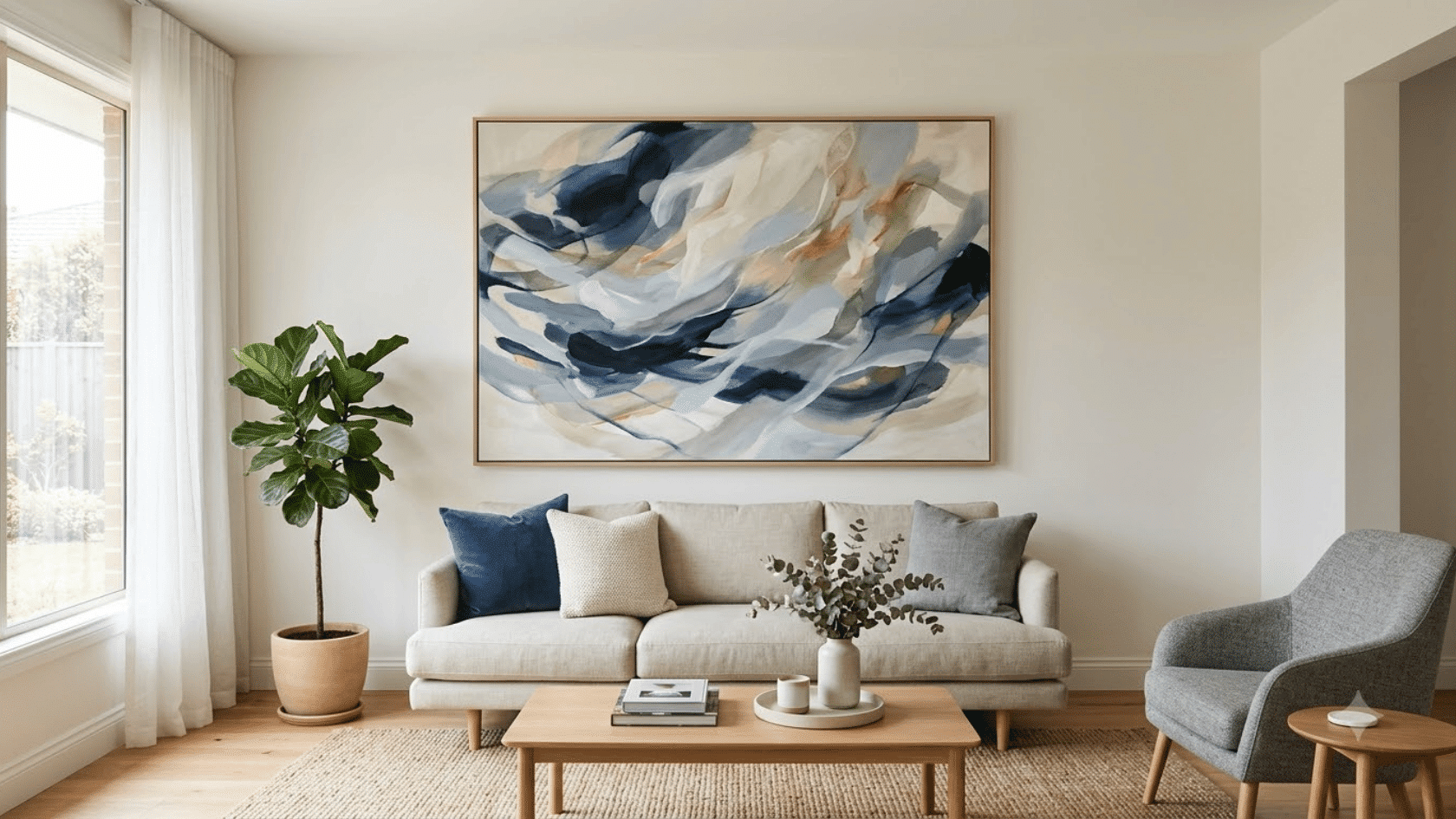 Living room with oversized artwork displayed above a sofa as a wall feature.