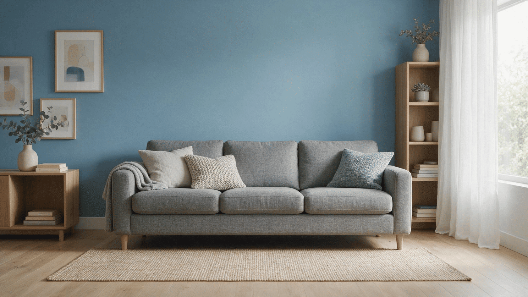 Sofa positioned against a painted accent wall in a simple living room.