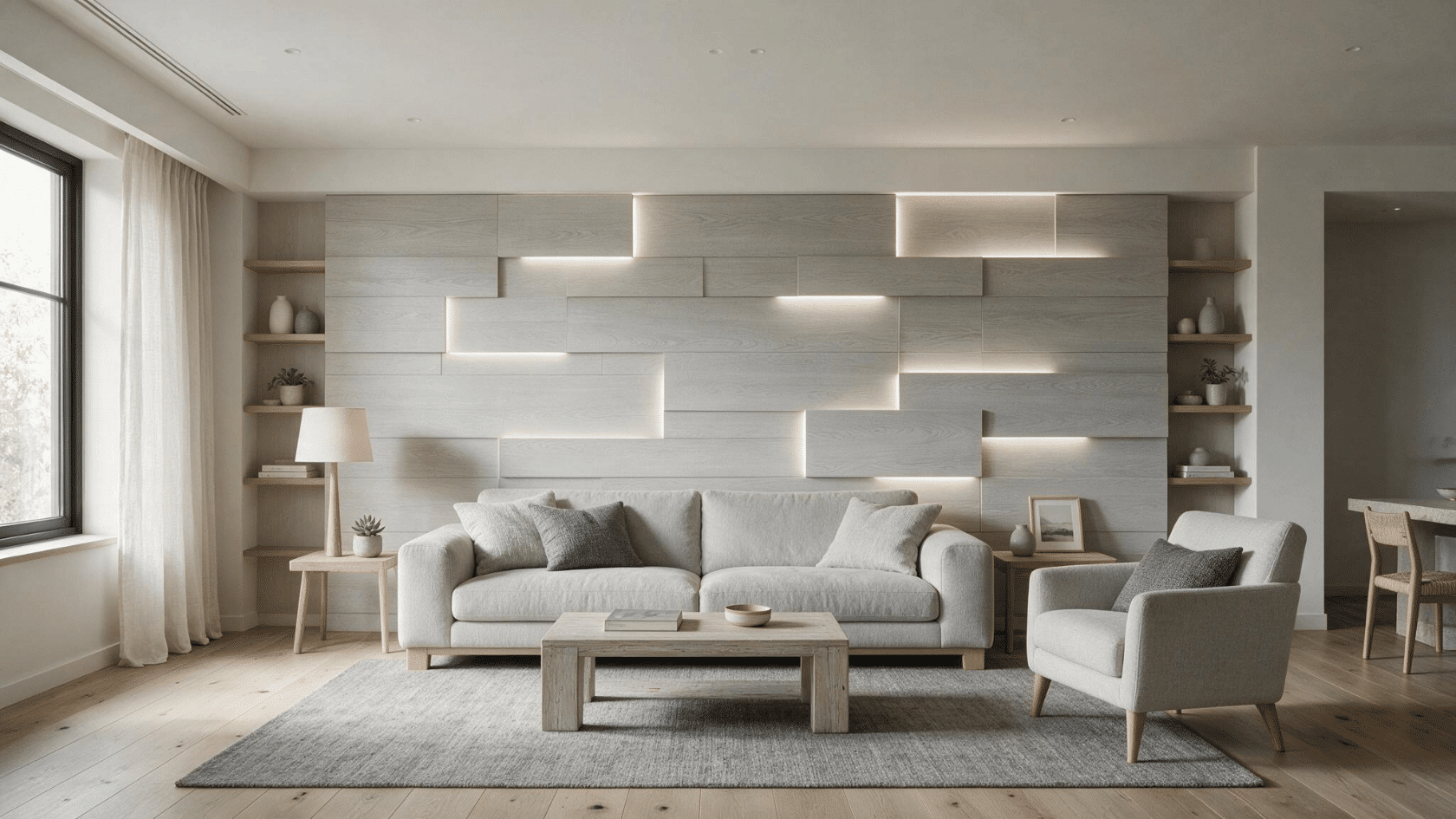 Living room with a paneled accent wall and built-in lighting behind the panels.