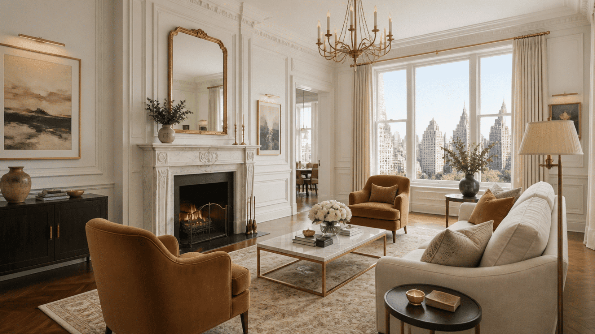 Parisian Design style living room with a fireplace, classic molding, neutral furniture, and refined decor.