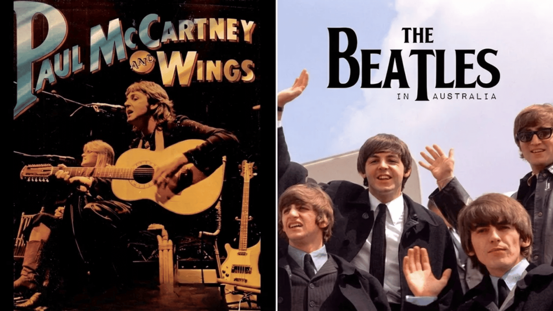 Paul McCartney and Wings live concert poster and The Beatles with “The Beatles in Australia” text above them.