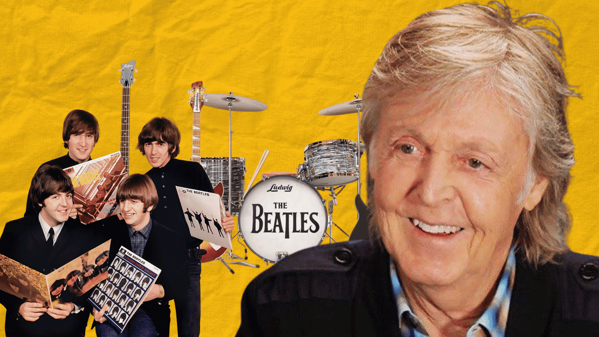 paul-mccartney-net-worth-collage-showing-the-beatles-band-with-instruments-and-mc-cartney-smiling-on-yellow-background