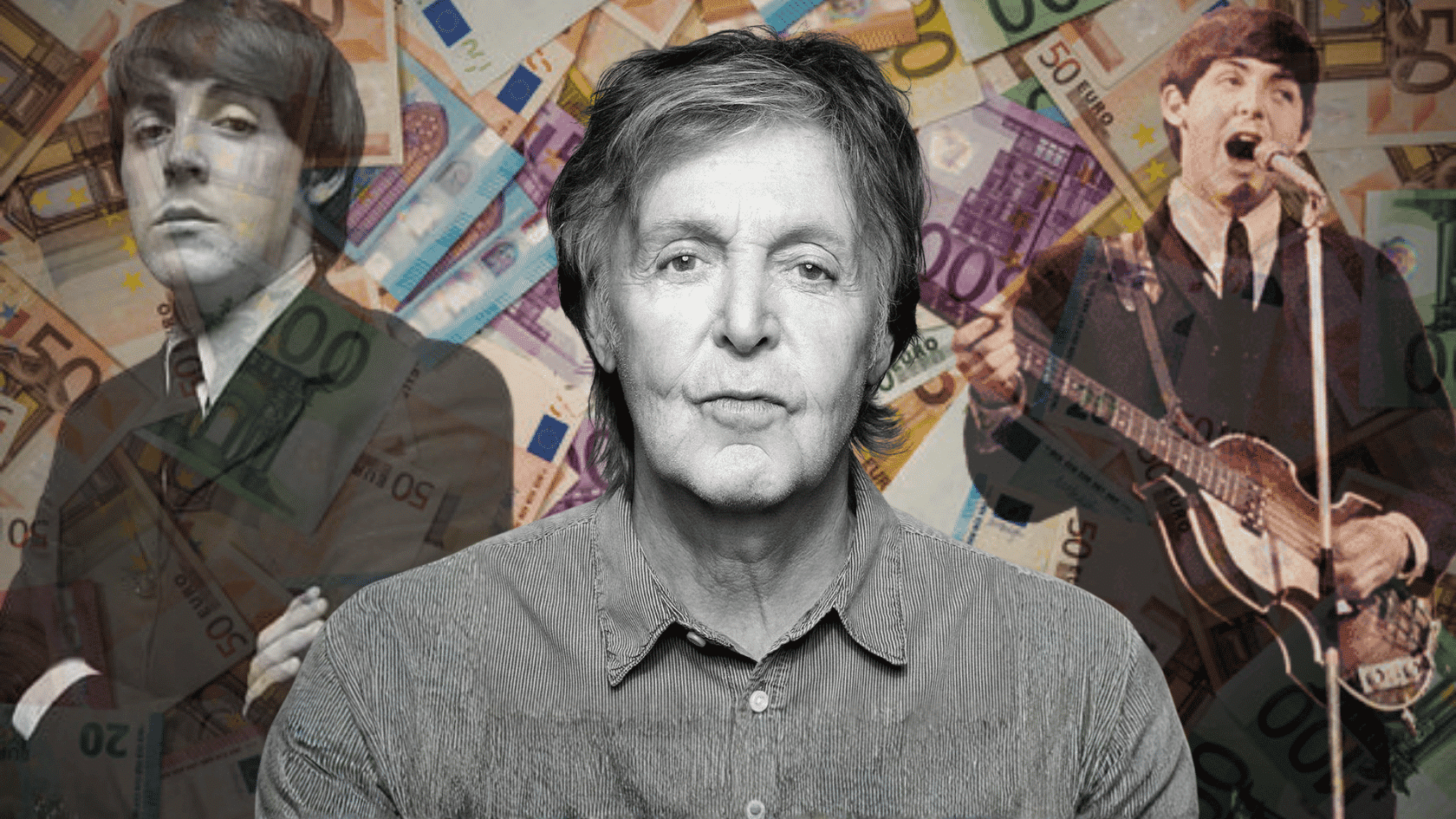 Paul McCartney’s portrait collage with vintage performances, guitar scenes, and euro banknotes representing music wealth.