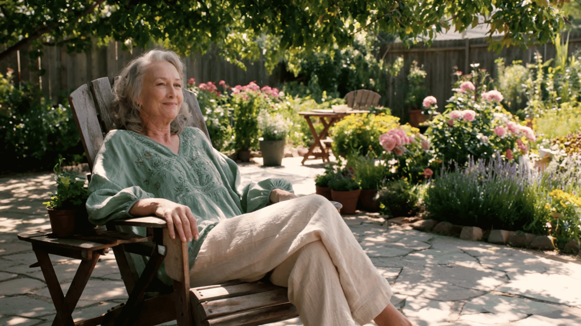 Person sitting in a chair wearing a green blouse and white pants in a garden patio.