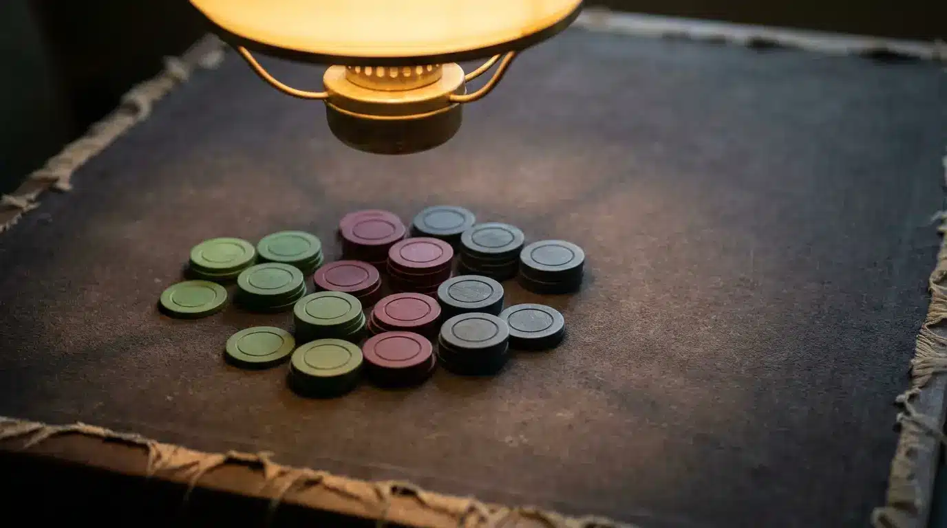 Poker chips in various colors stacked under warm lamp light on a felt table