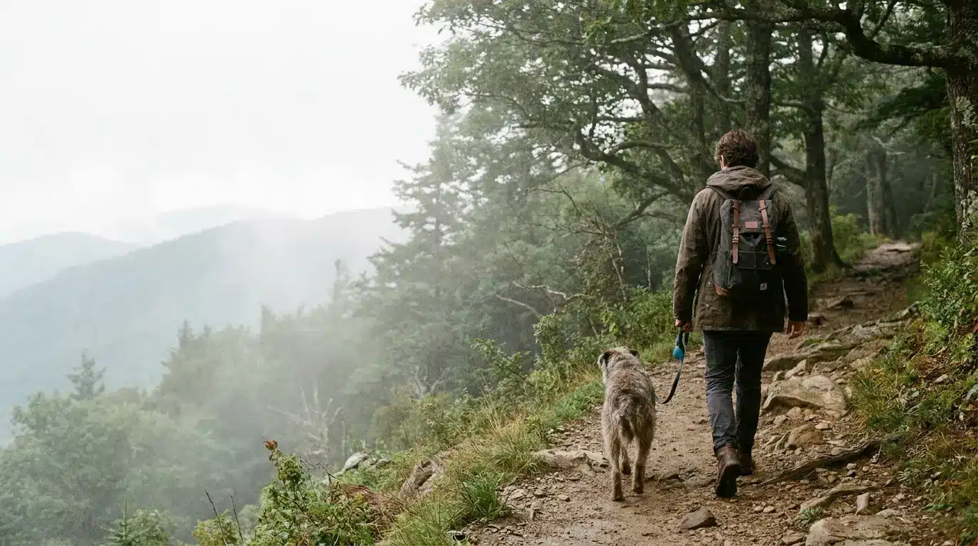 Man walking dog on foggy forest trail surrounded by trees and rocky path