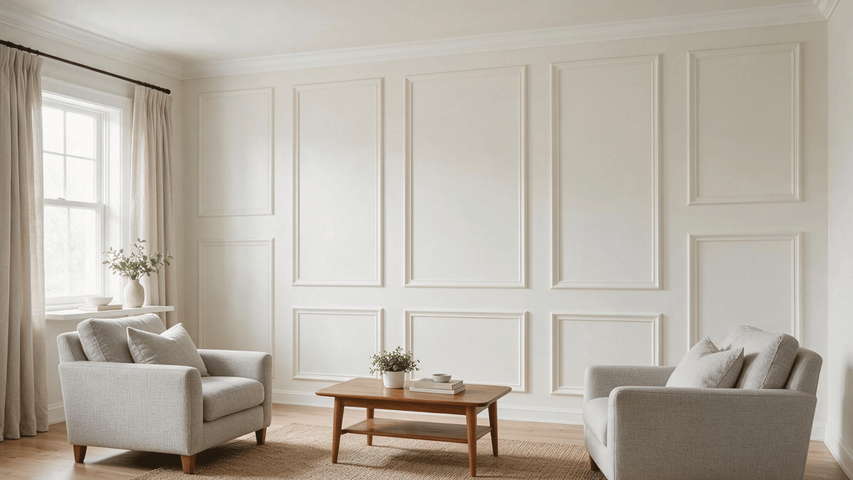 Living room with a picture frame molding accent wall featuring rectangular trim panels.
