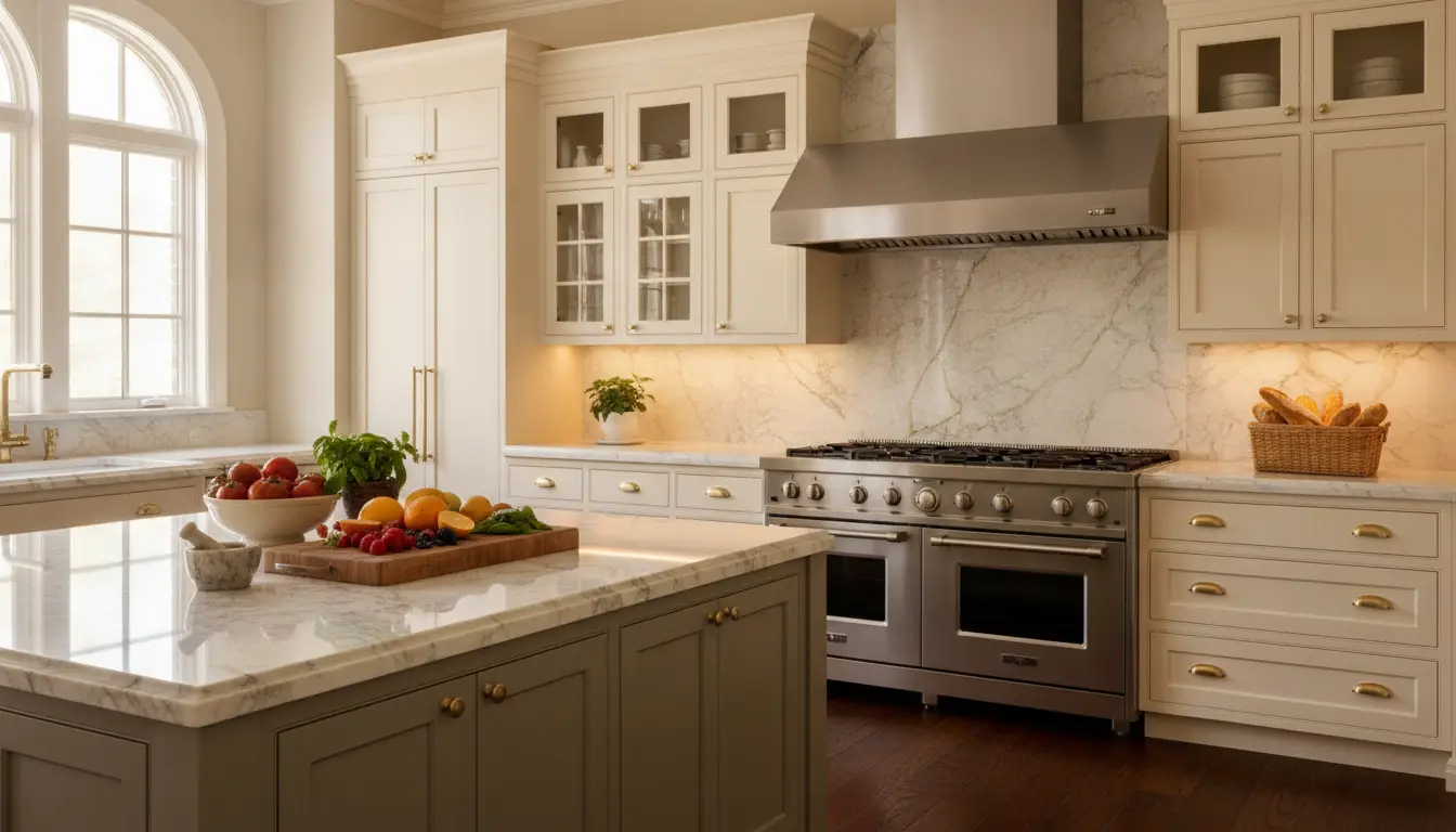 Luxurious kitchen with marble countertops, stainless steel oven, and fresh fruit on island
