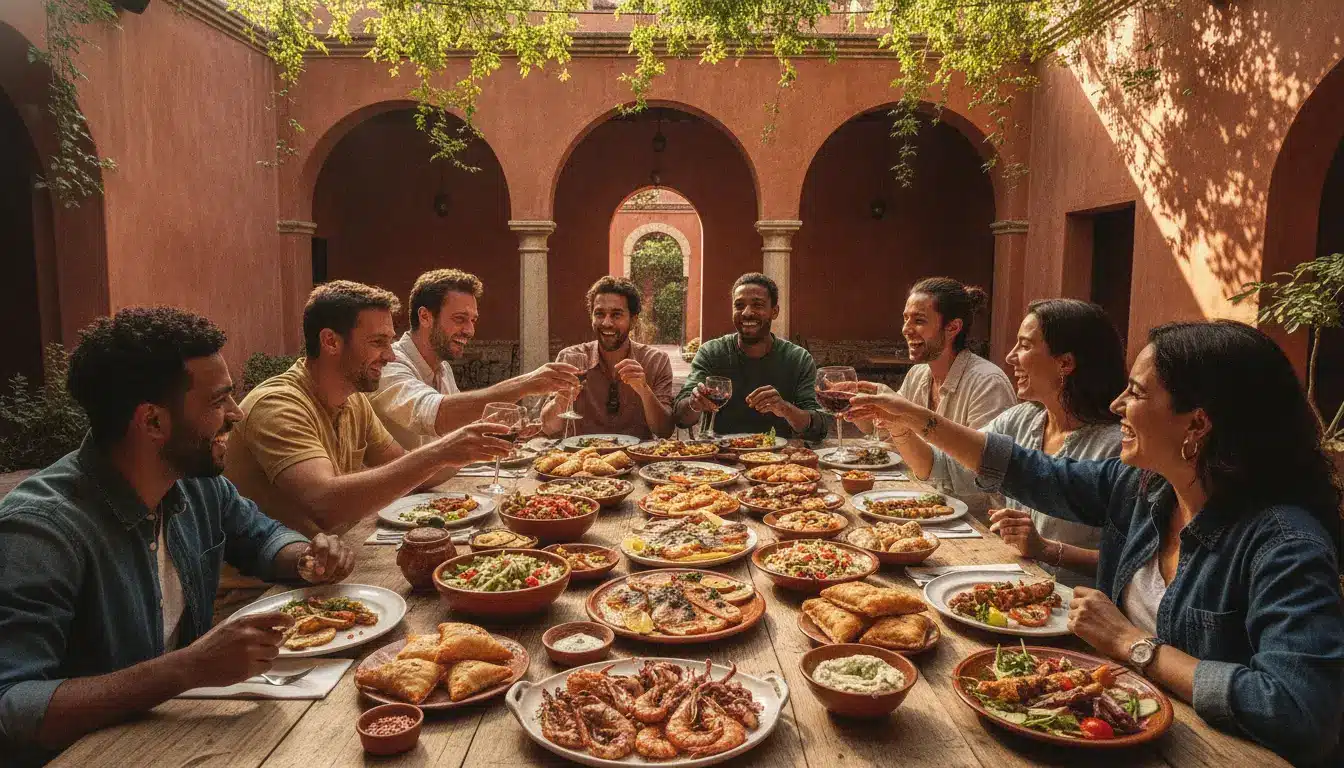 Group of friends toasting around a table with assorted dishes in a sunlit courtyard