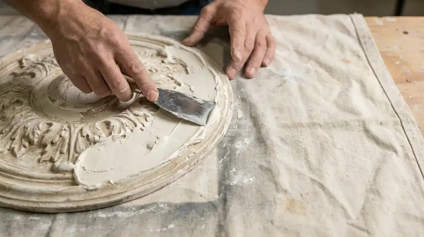 Hands sculpting plaster decoration with a putty knife on a canvas-covered table