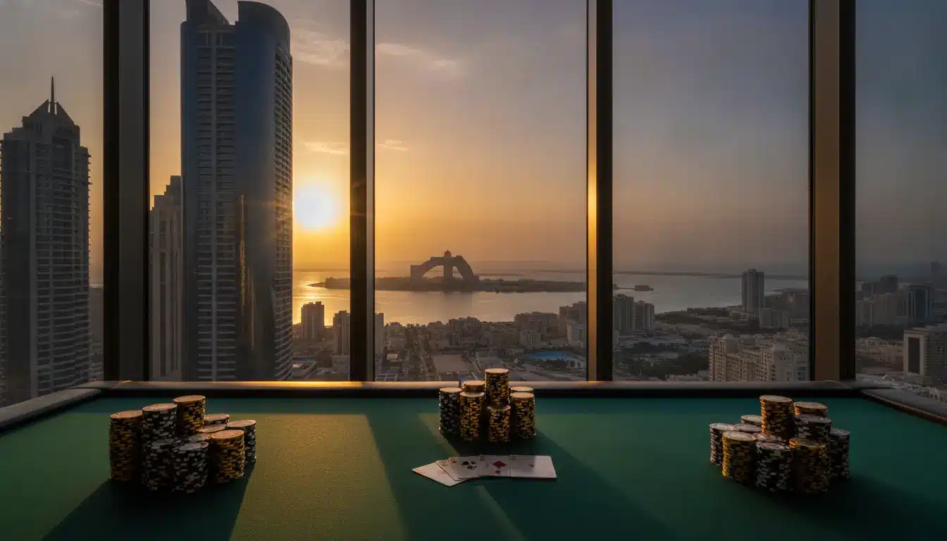 Poker table with chips and cards in high-rise room overlooking city skyline at sunset