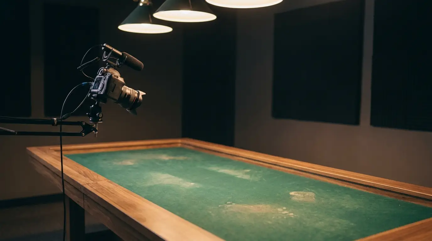 Video camera on tripod overlooking a green felt poker table under hanging lights