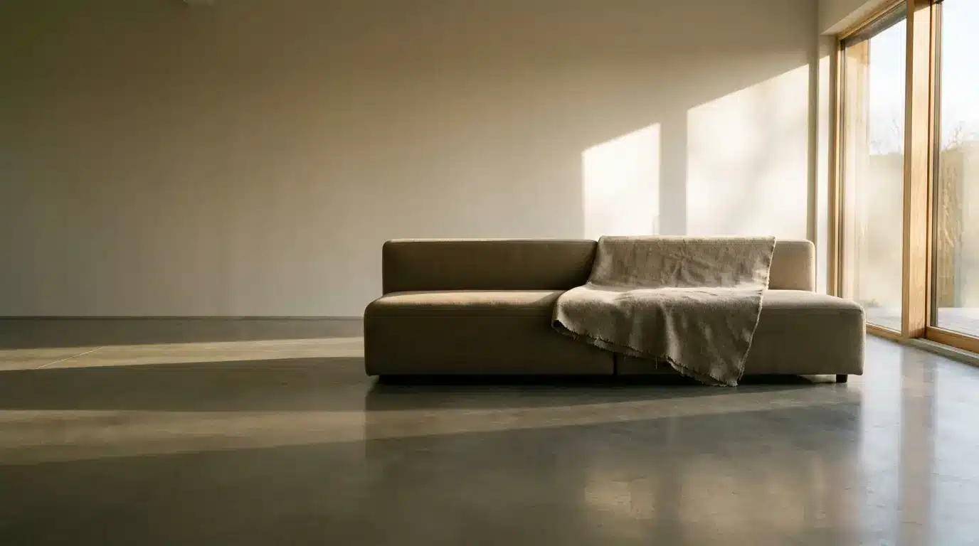 Minimalistic brown sofa with a beige throw in a sunlit room with large windows
