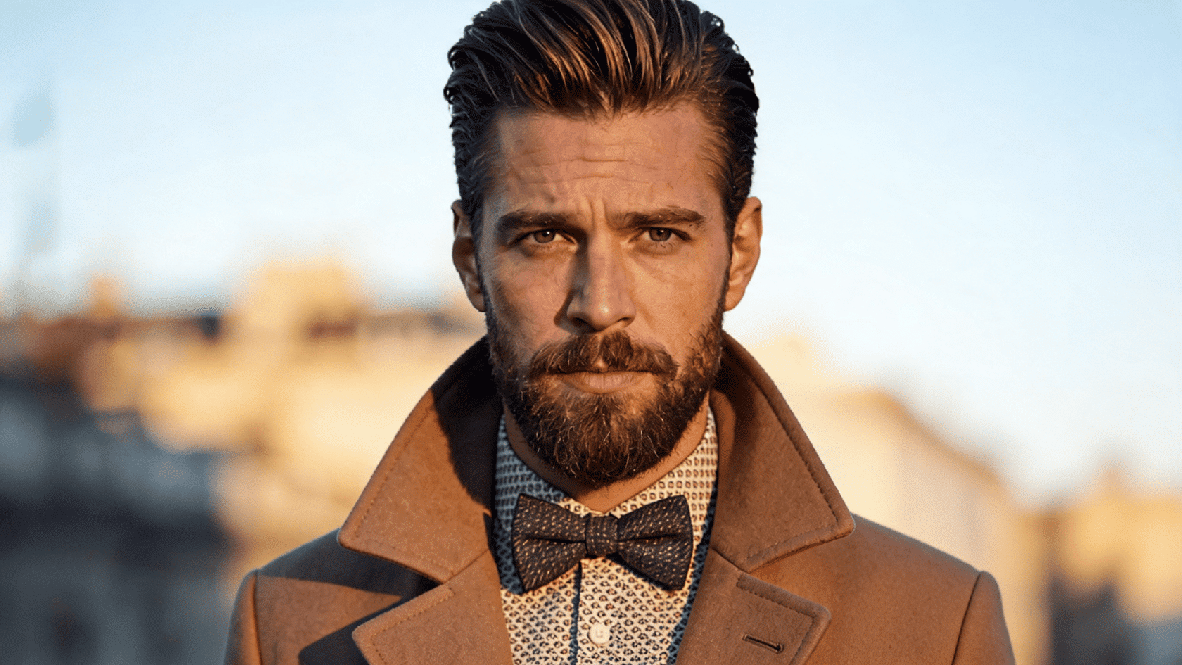 Man with a classic pompadour haircut and full beard wearing a coat and bow tie.