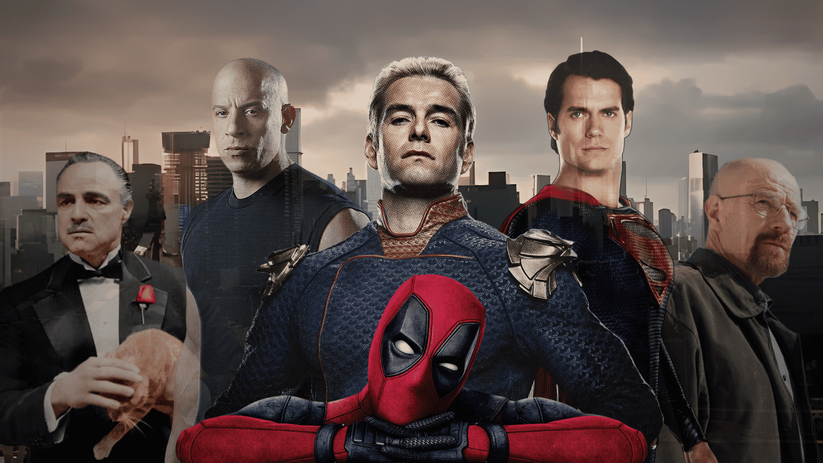 Deadpool, Homelander from The Boys, Superman, Walter White from Breaking Bad, and The Godfather characters collage