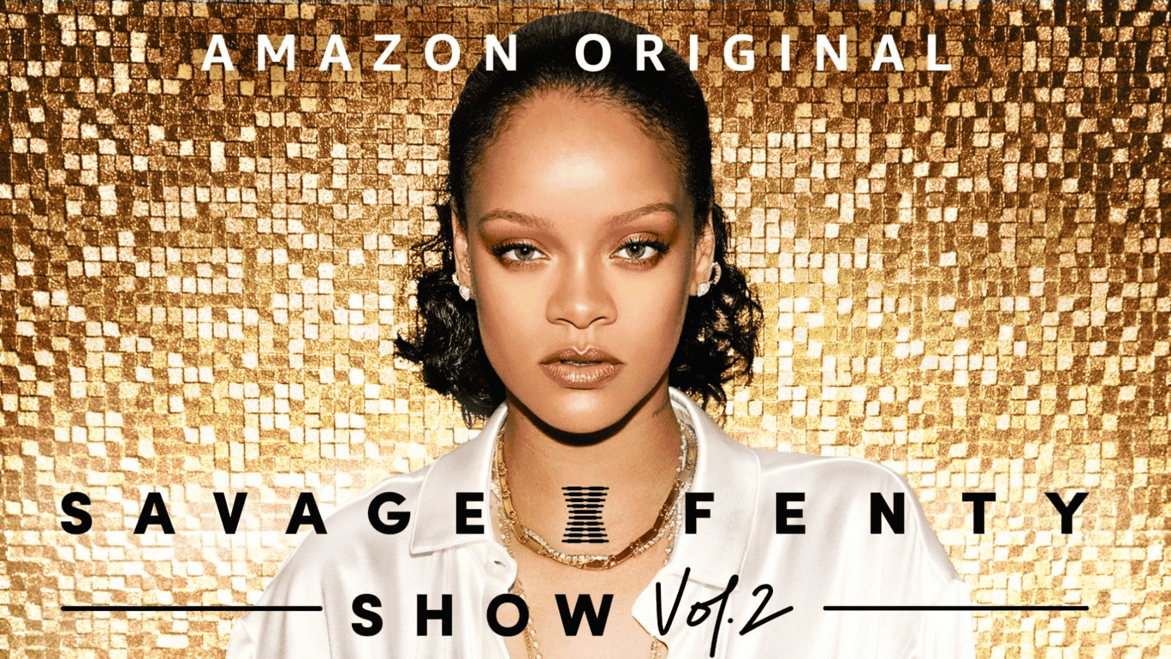 Portrait of woman against gold mosaic background with Amazon Original Savage X Fenty Show Vol. 2 text overlay