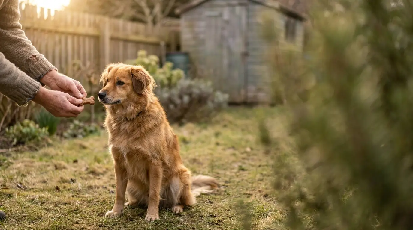 Golden retriever sitting outdoors while receiving a treat in sunlit garden setting