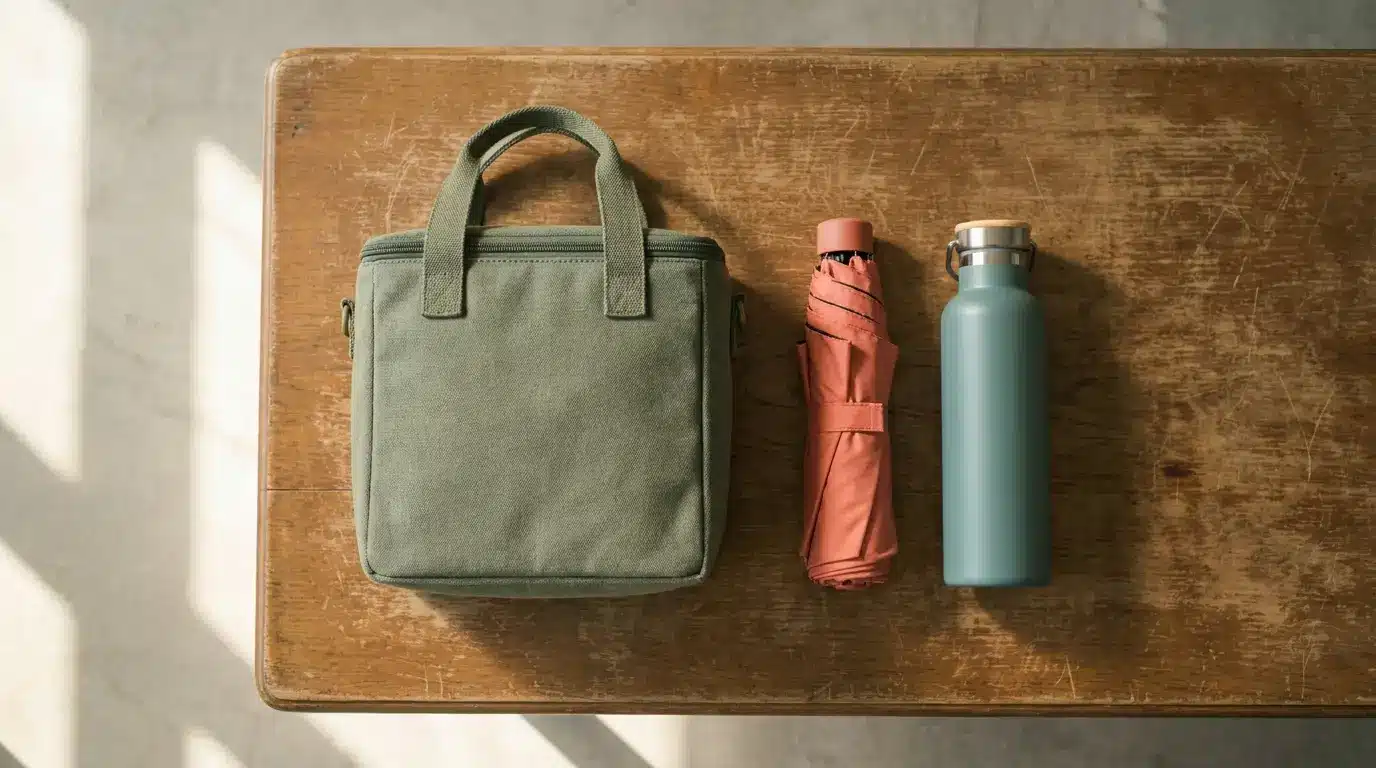 Green lunch bag, coral umbrella, teal water bottle on wooden table in sunlight