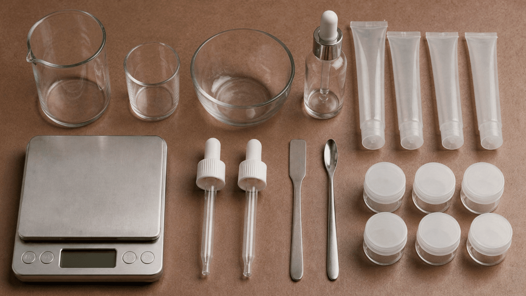 Clean cosmetic tools, droppers, spoons, scale, empty tubes and pots arranged on a neat workspace table