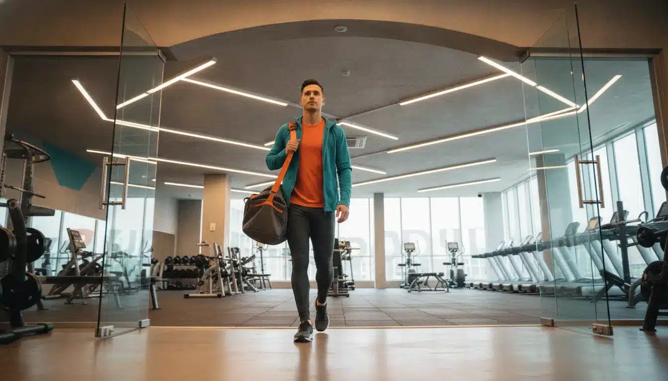 Man entering modern gym carrying a duffel bag, surrounded by exercise equipment and natural light