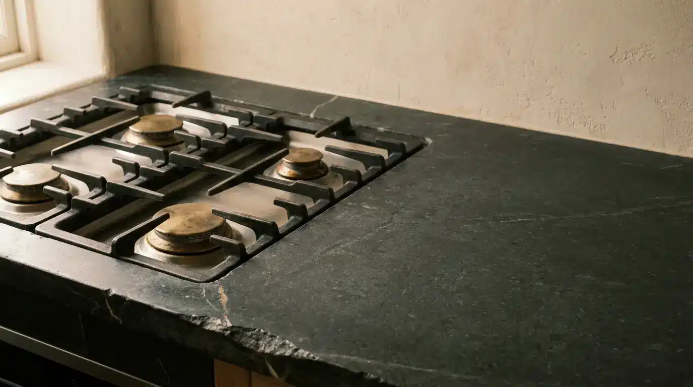 Gas stovetop with four burners on dark stone countertop in natural light kitchen setting