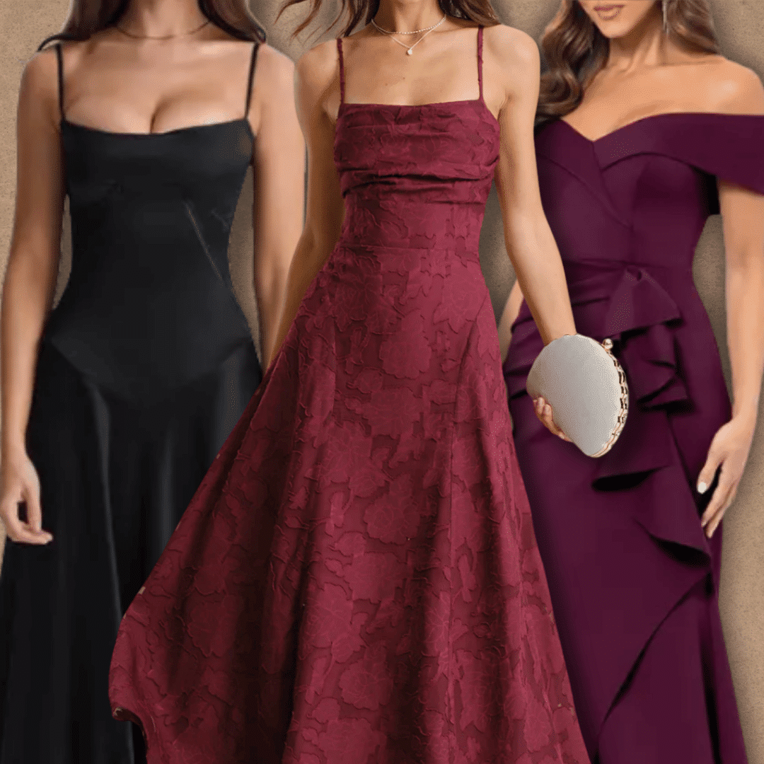Prom dress styles in black, burgundy, and plum featuring elegant fitted and flowing formal designs.