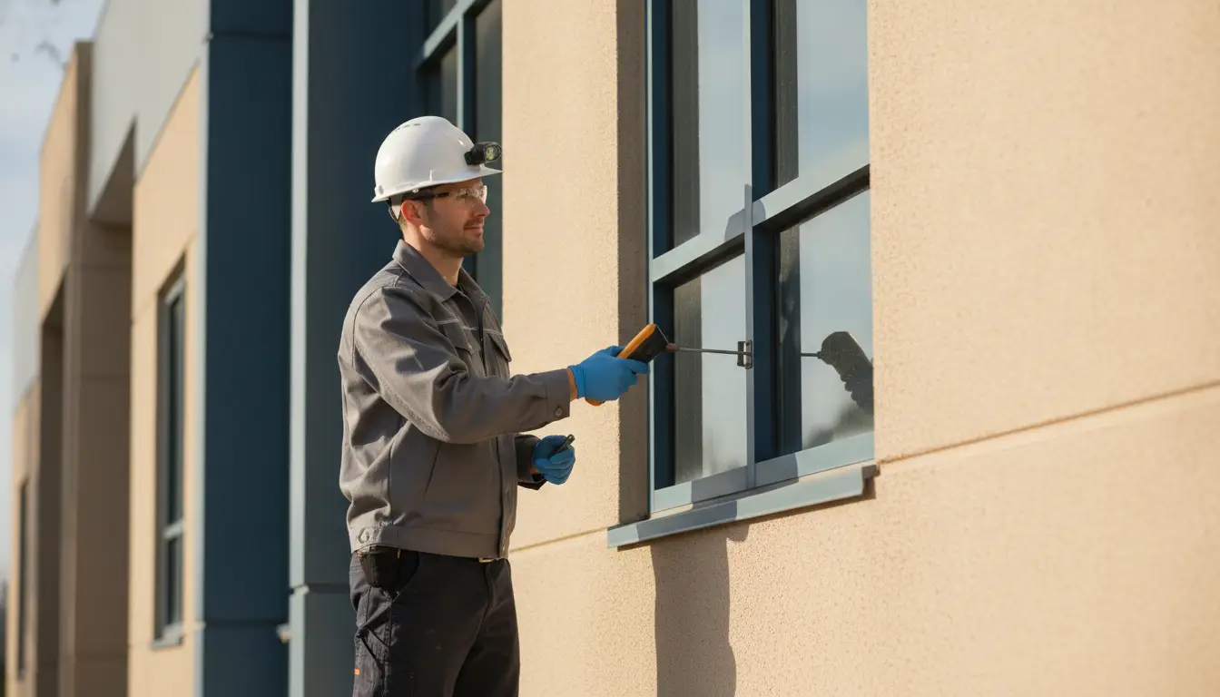 Worker in hard hat inspecting building facade with temperature scanner outdoors