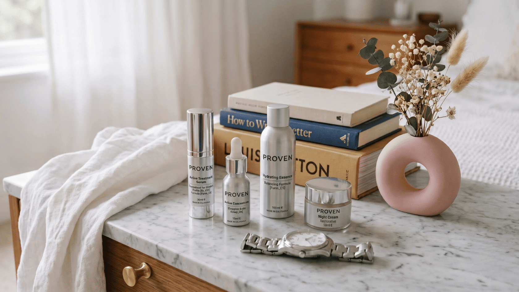 PROVEN skincare products arranged on a bedroom table with books and decorative vase.