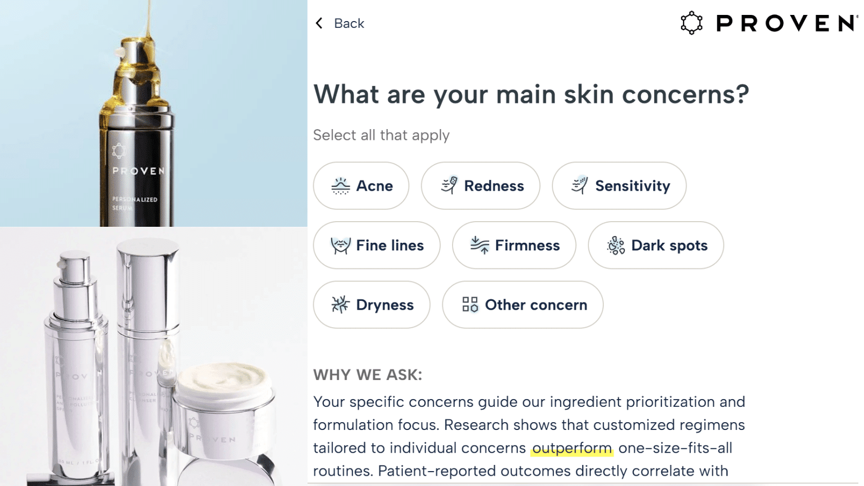 PROVEN skincare questionnaire screen showing personalized skin concern options.