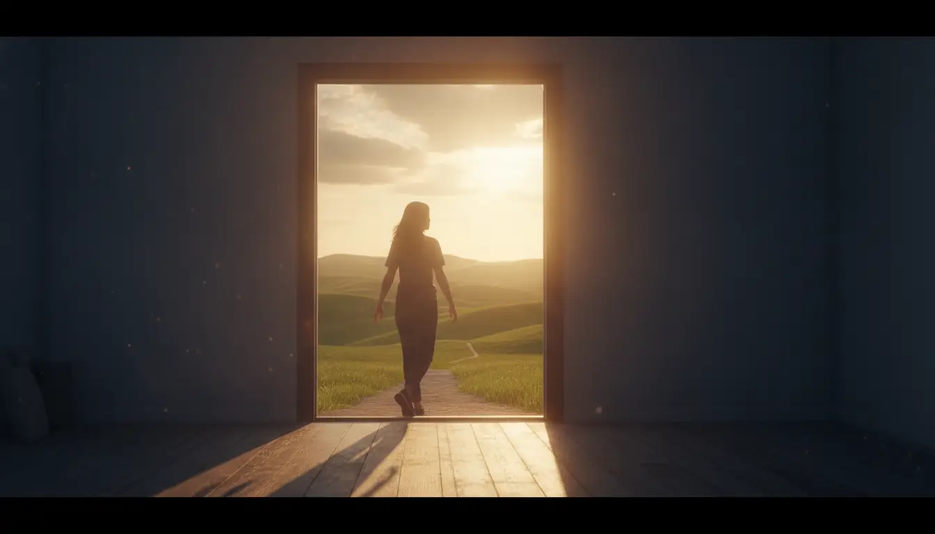 Silhouette of a person walking through doorway into sunlit green landscape