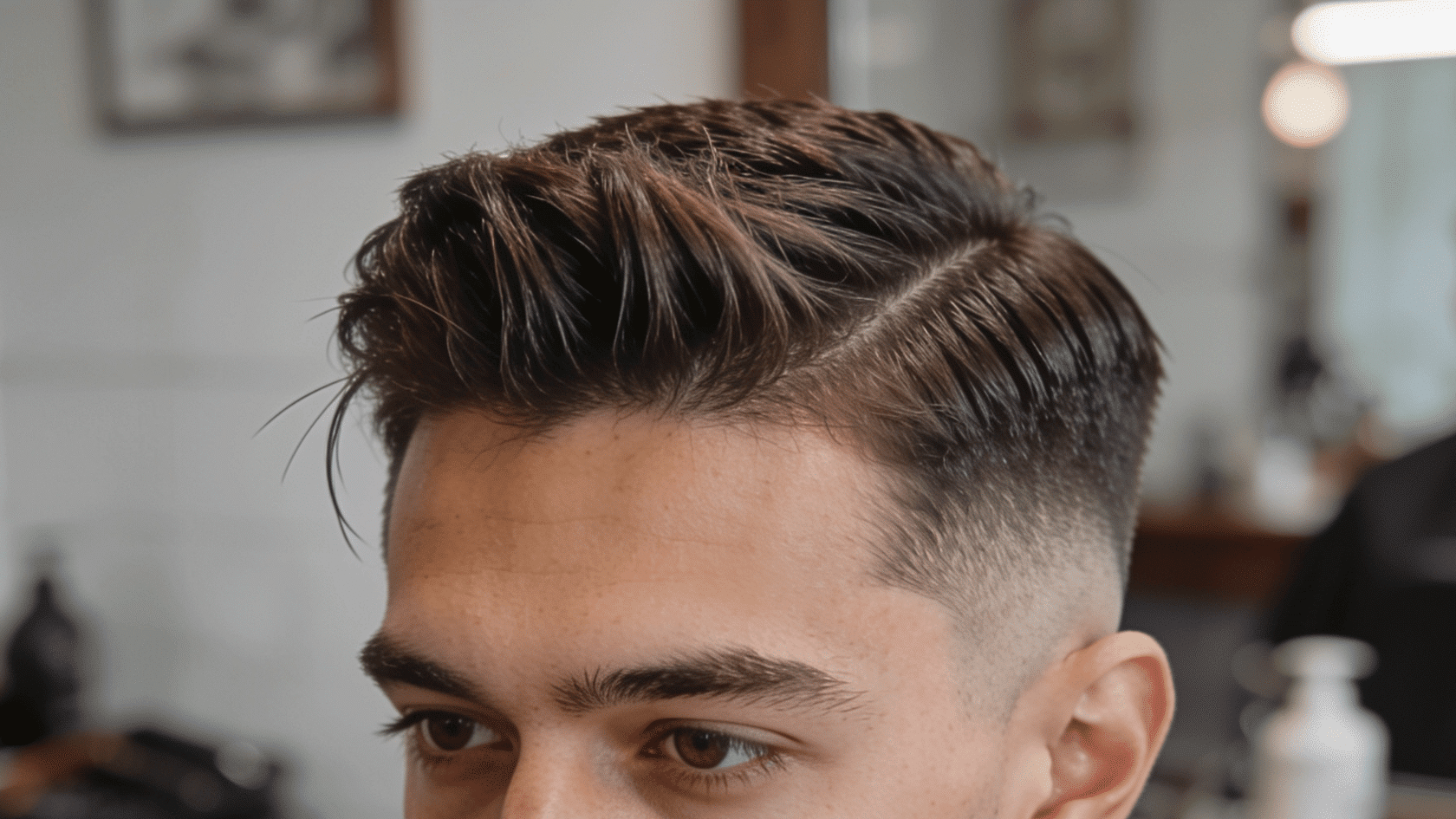 Buzz cut with a subtle side taper and a short, neatly trimmed beard