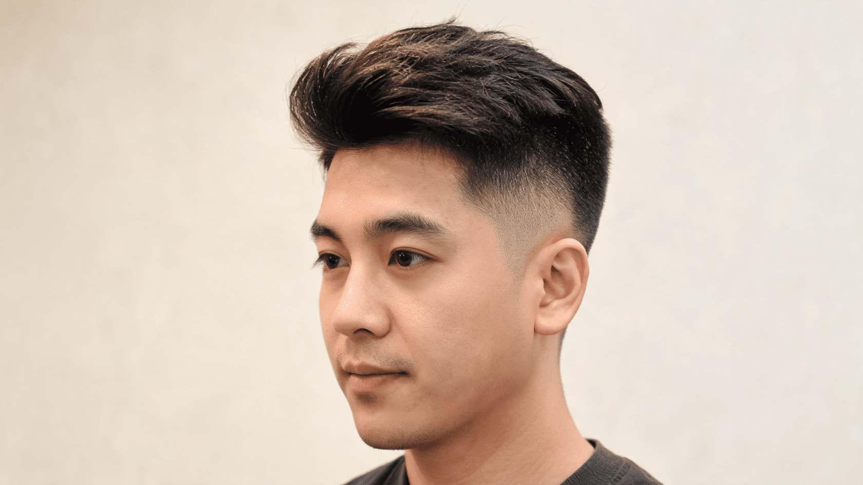 Man with a textured quiff haircut and short faded sides against a neutral background.