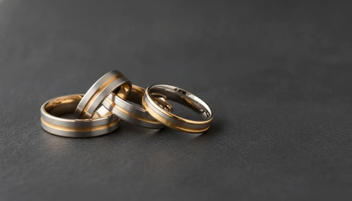 Gold and silver wedding rings stacked on dark textured background
