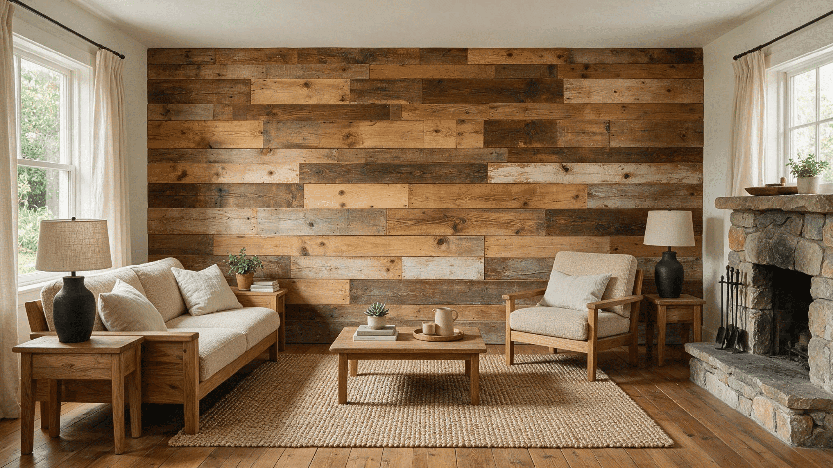 Living room with a reclaimed wood accent wall featuring varied wood plank textures.