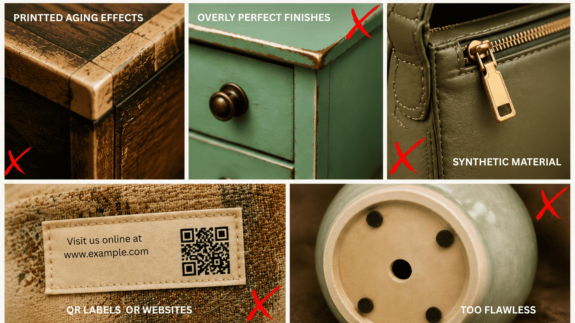 Collage of vintage style items showing worn finishes, synthetic material, and QR label tags