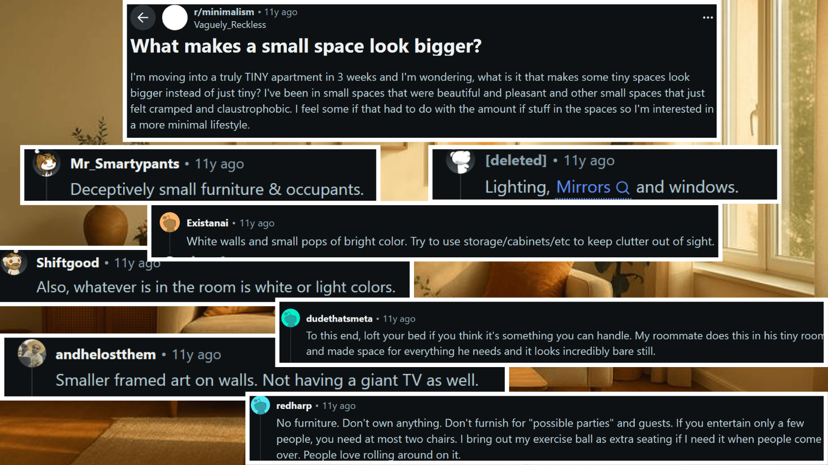 Reddit discussion on ways to make a small space look larger with minimalist ideas.