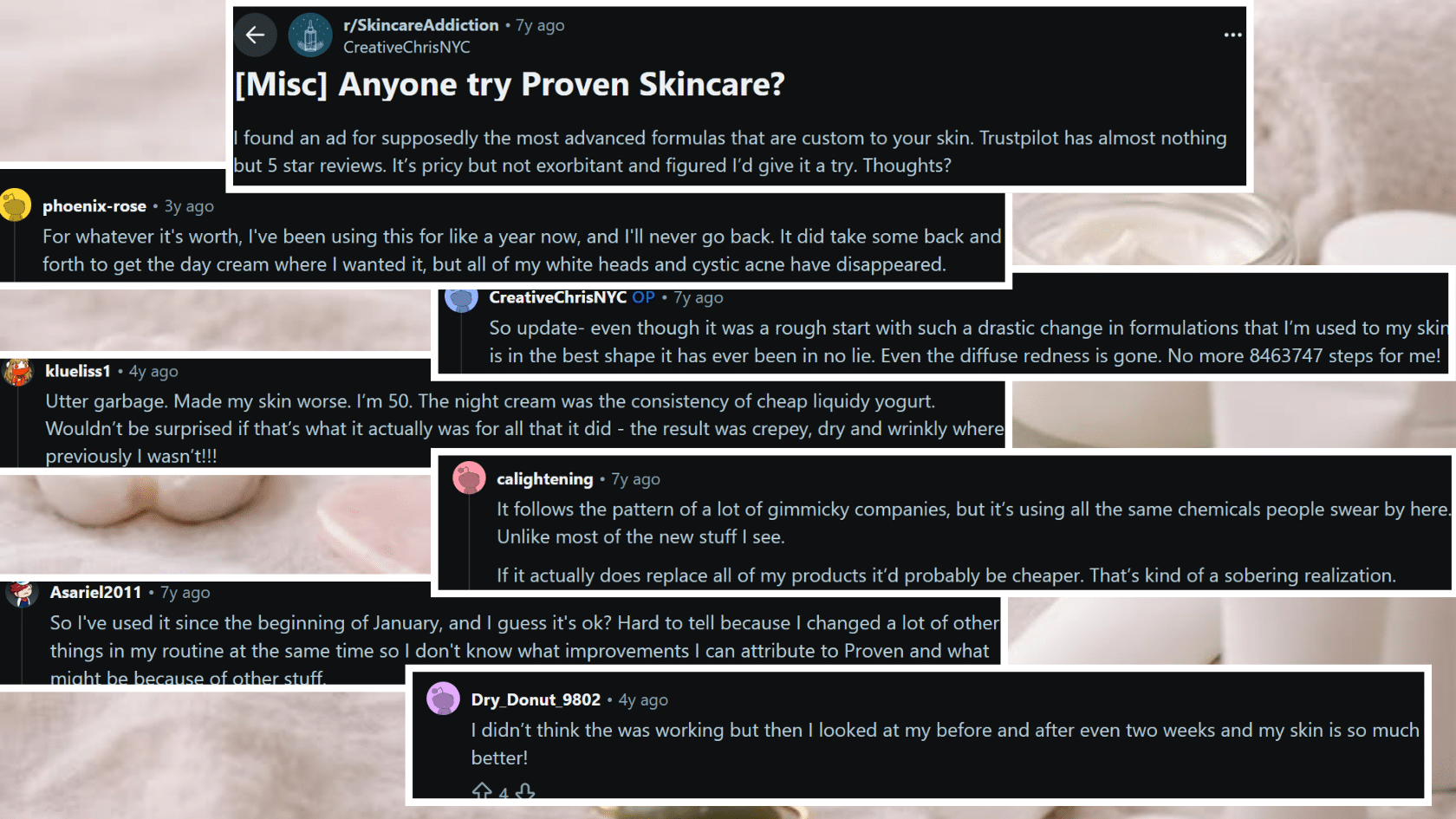 Reddit skincare discussion showing user reviews of Proven Skincare results and experiences.