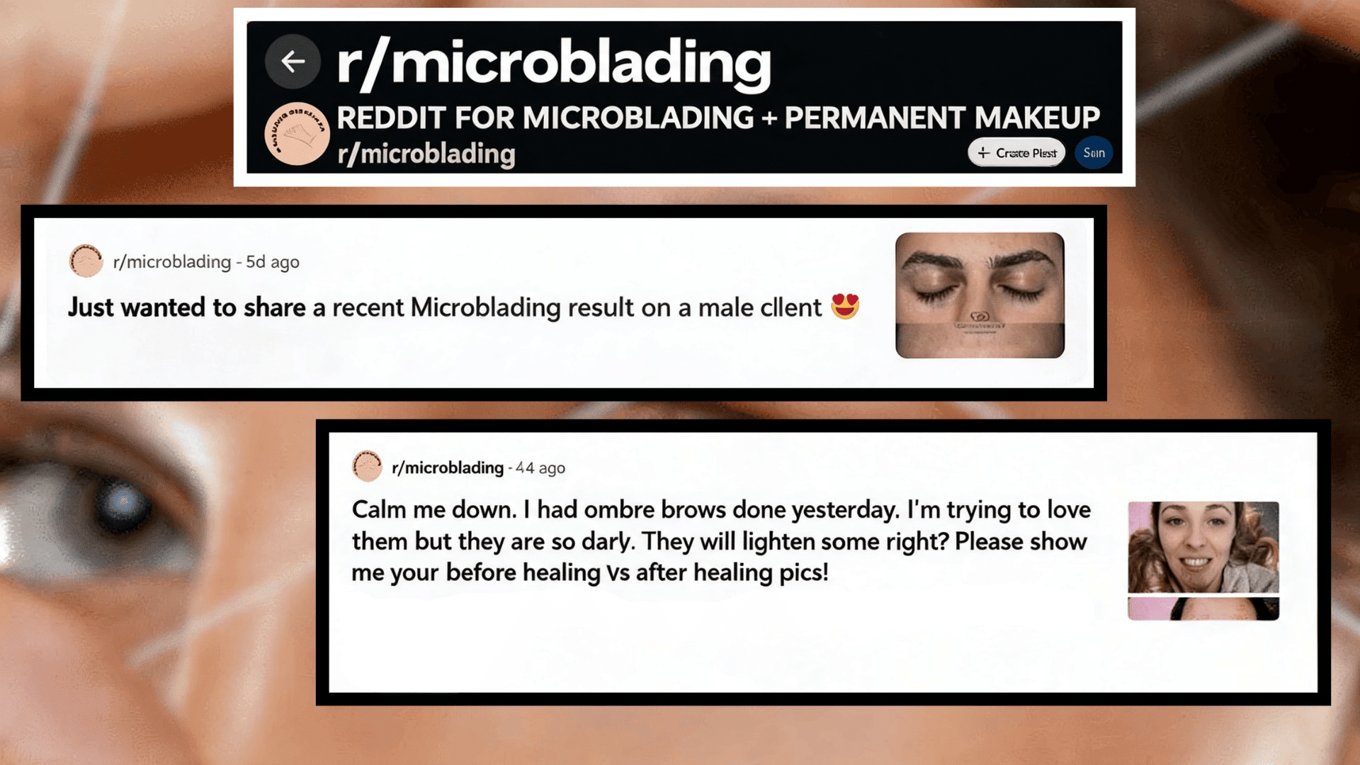 Reddit-style collage of r/microblading posts showing banner and threads about microblading results and ombre brow healing reactions