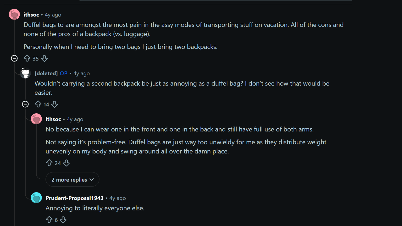 Reddit thread discussion on whether a duffel bag is a good carry on choice compared to a backpack, with traveler comments and upvotes