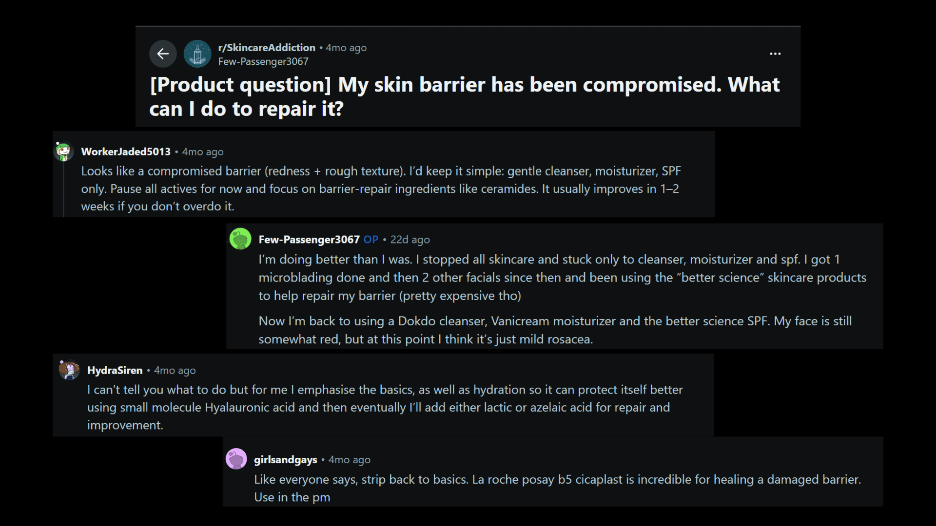 Reddit thread screenshot showing real user experiences and tips on <echighlighted><echighlighted>damaged skin barrier</echighlighted></echighlighted> repair routines