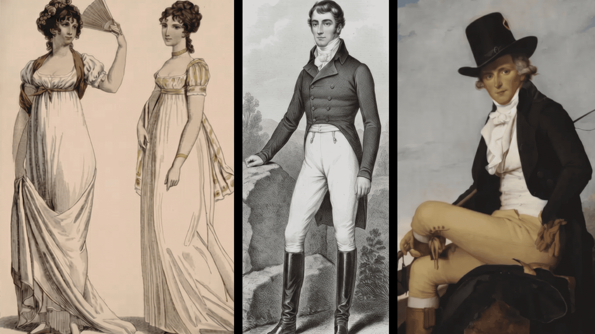 Regency era fashion illustrations showing women in empire line gowns and men in tailored coats and fitted trousers.