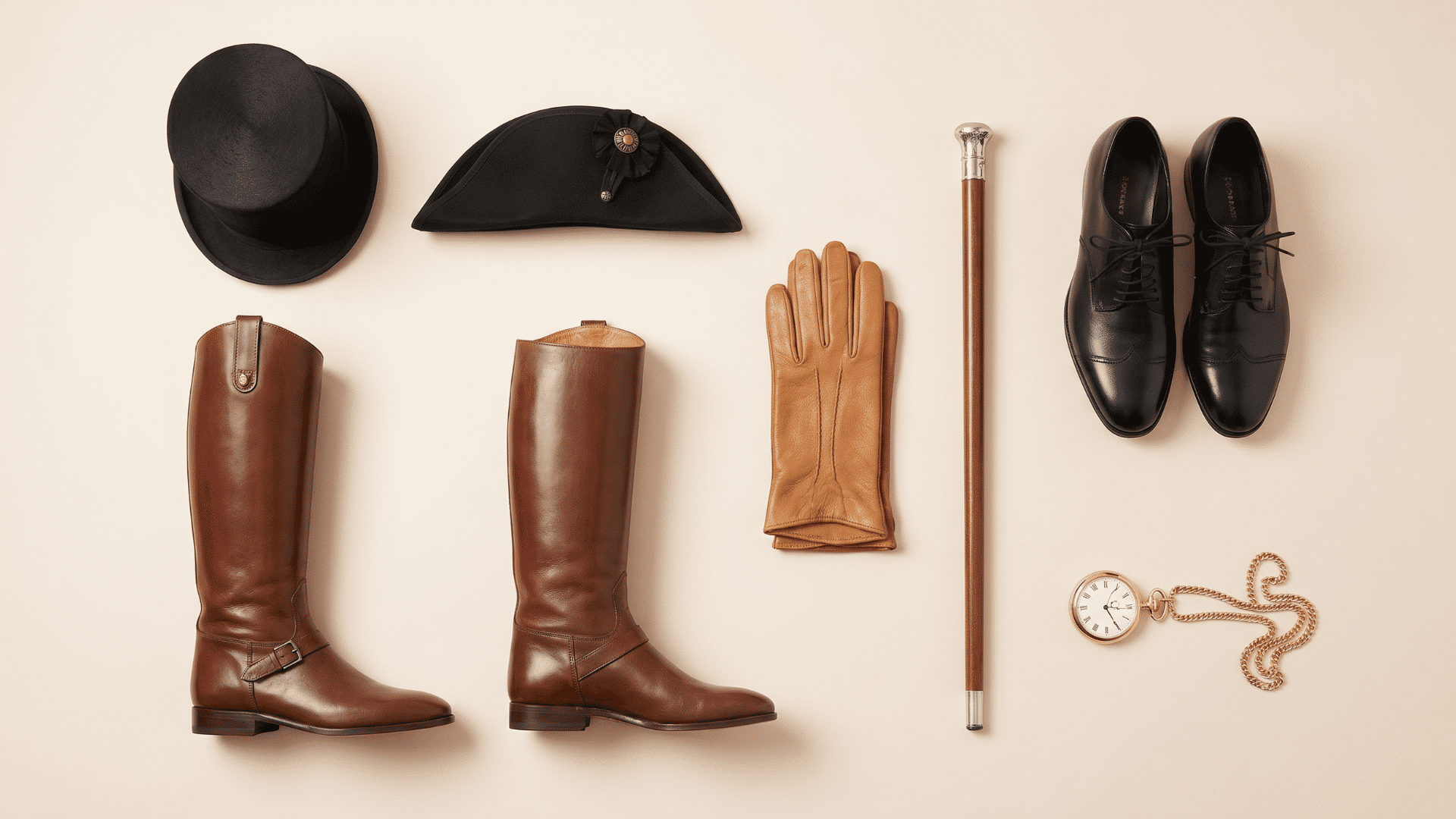 Regency era men's accessories including a top hat, bicorn, riding boots, leather gloves, walking cane, dress shoes, and pocket watch.