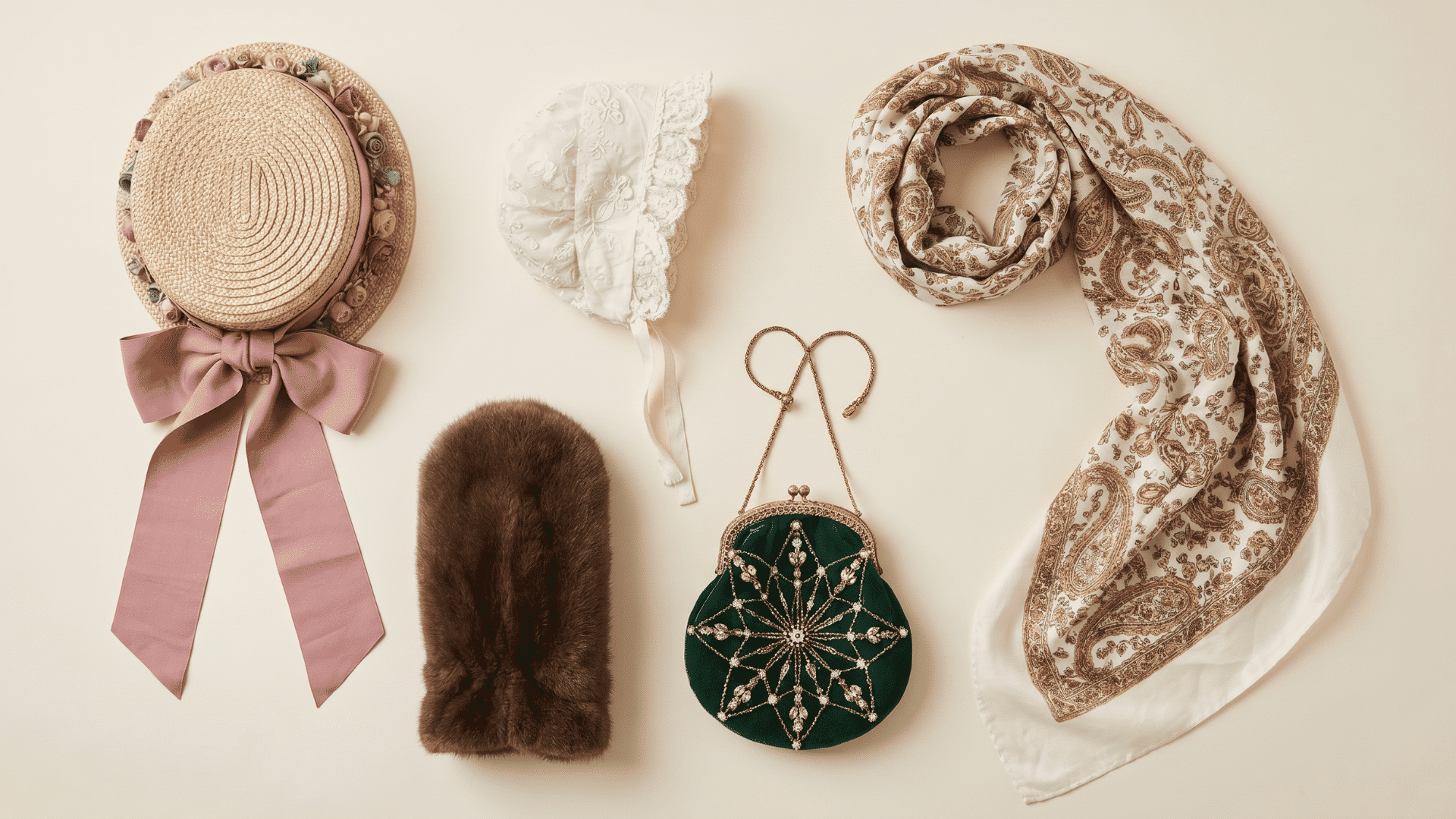 Regency era women's accessories including a straw bonnet, lace cap, embroidered reticule, fur hand muff, and paisley shawl.