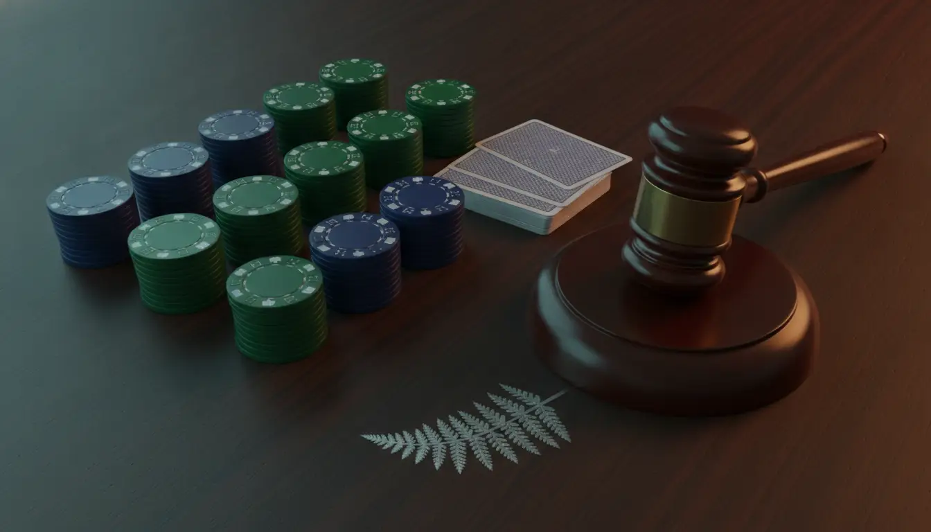 Poker chips and cards next to a gavel on a wooden table