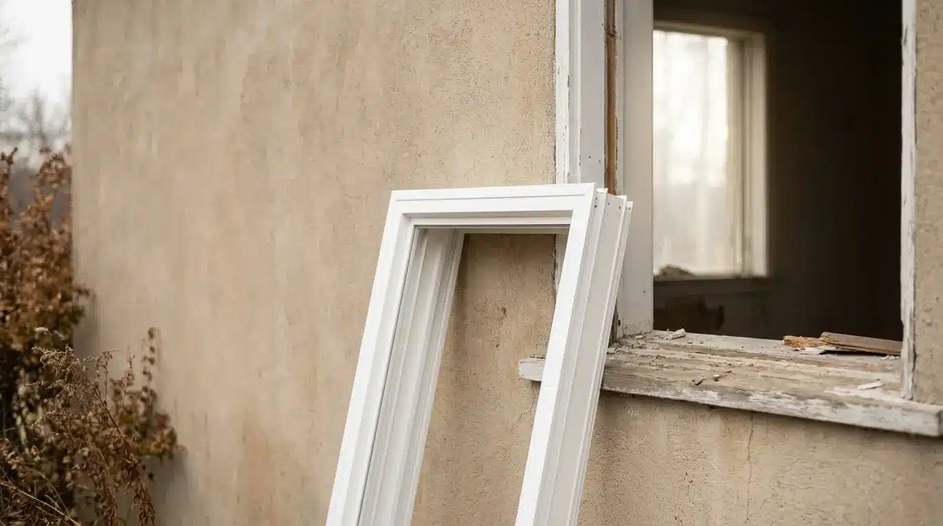 White window frame leaning against rustic exterior with dried plants nearby