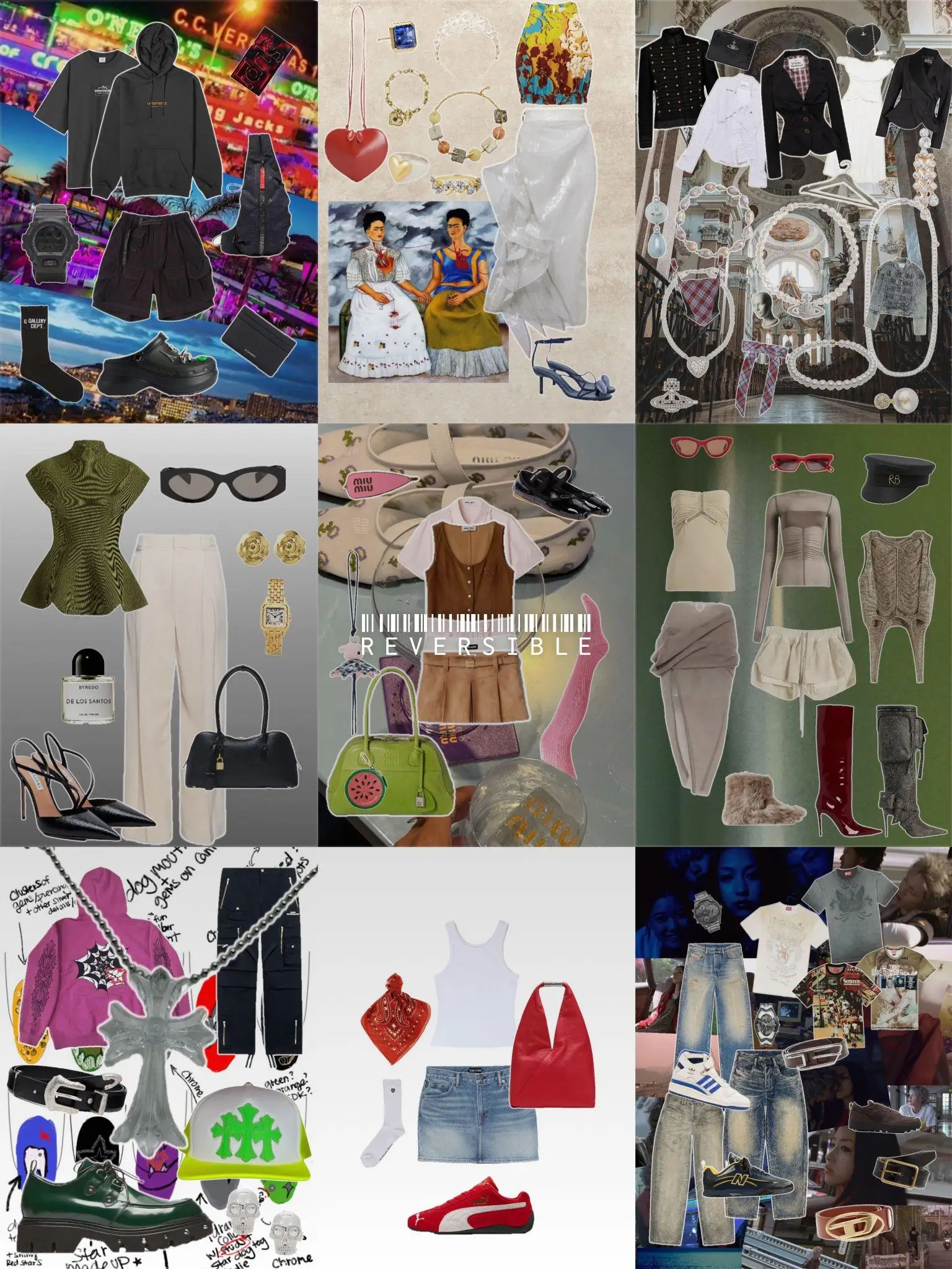 Collage of various fashion outfits and accessories on colorful backgrounds