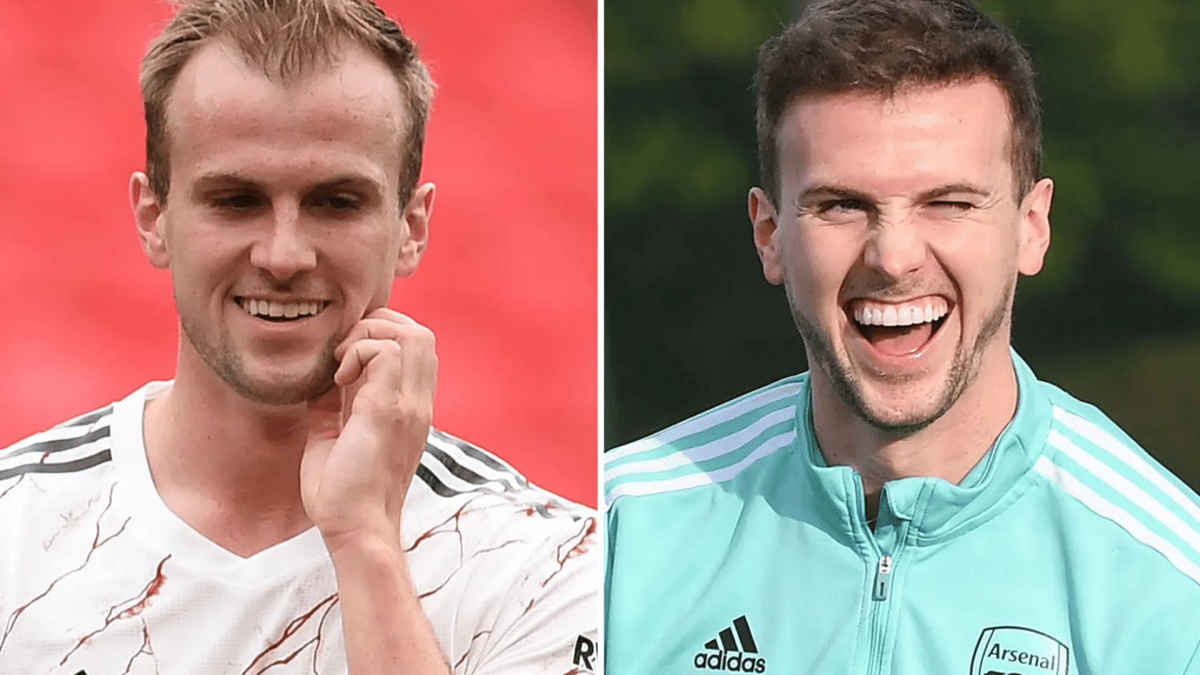 Side-by-side comparison of Rob Holding before and after a hair transplant procedure.