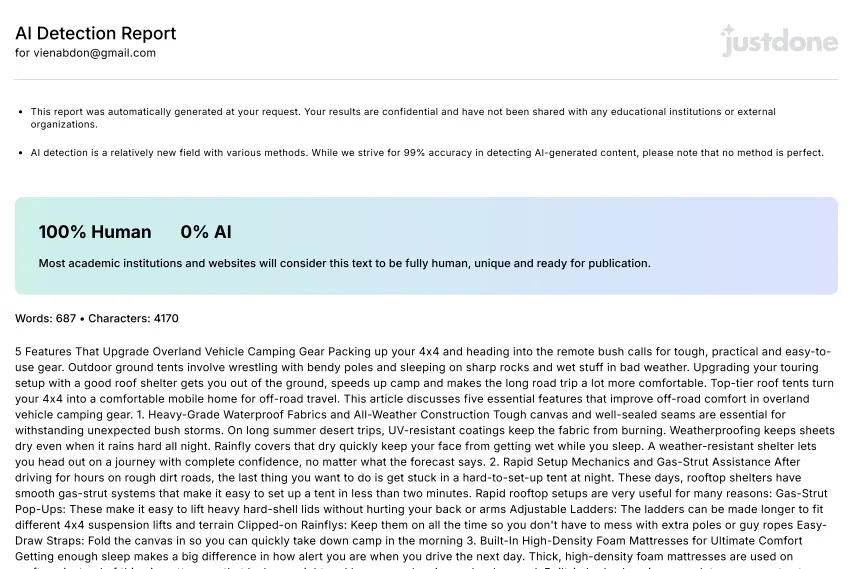 AI detection report showing 100% human and 0% AI content with email address and text summary