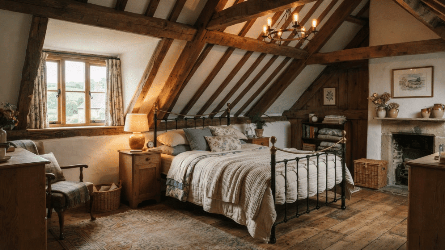 Rustic attic bedroom with exposed beams, wooden furniture, warm lighting, and traditional charm.